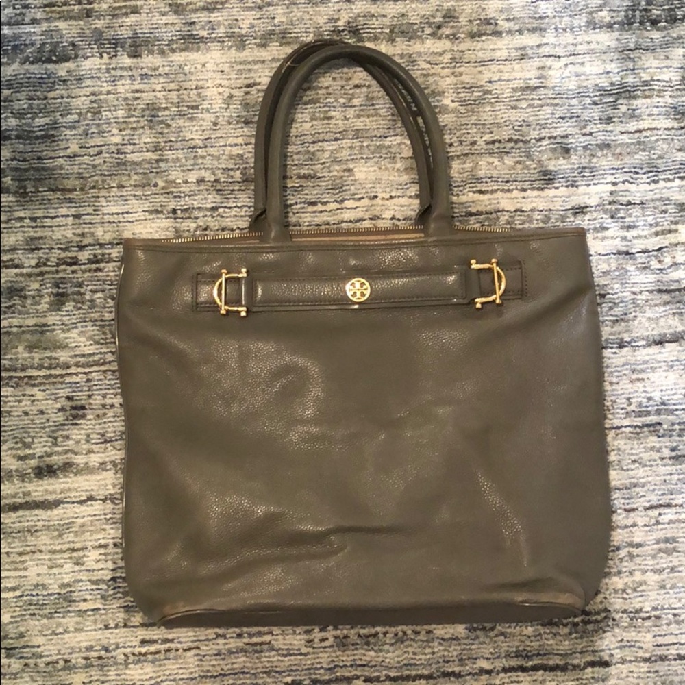 Grey leather Tory Burch tote with gold details